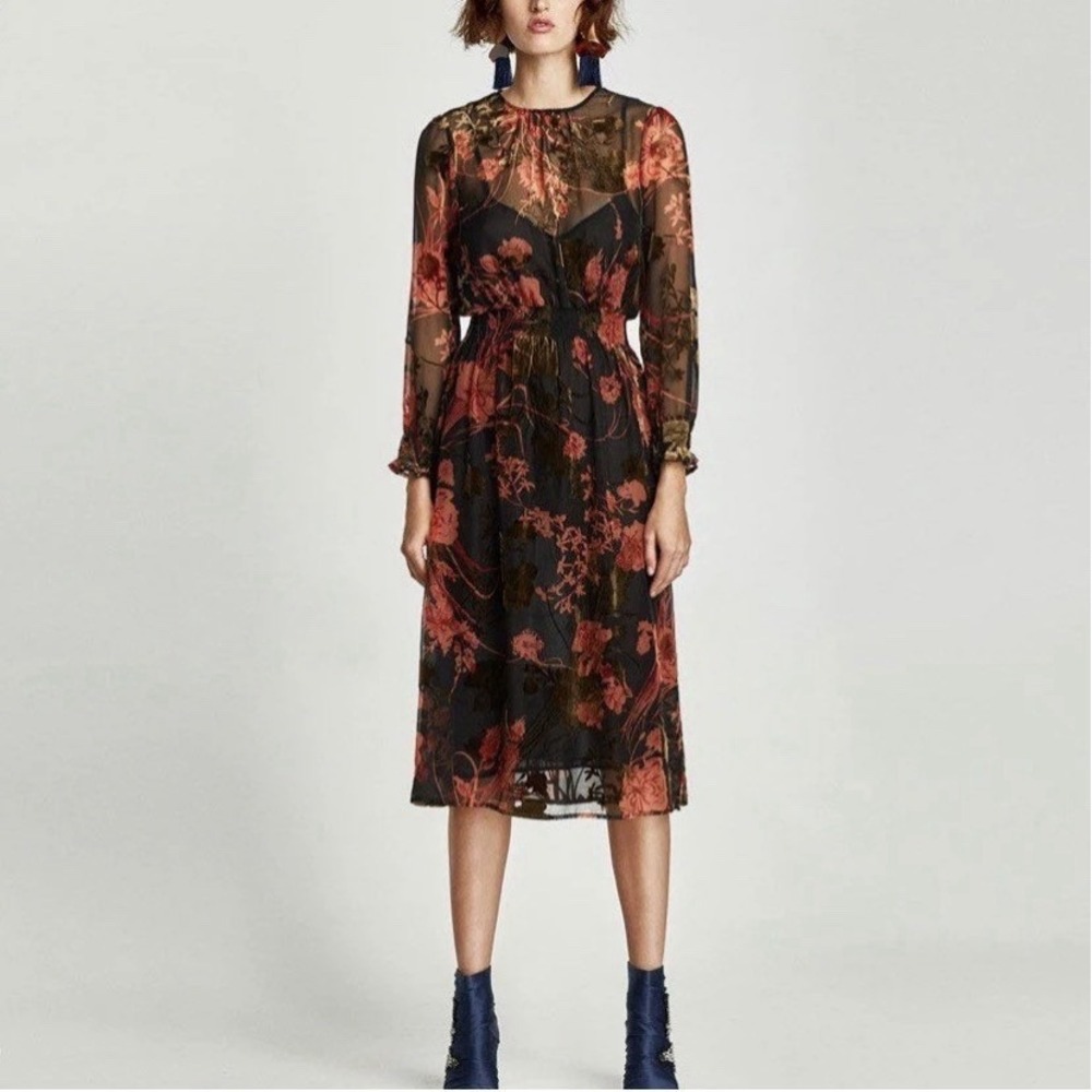 Zara S Velvet Midi Dress Dark Floral Whimsigoth Fairy Grunge Boho Witchy